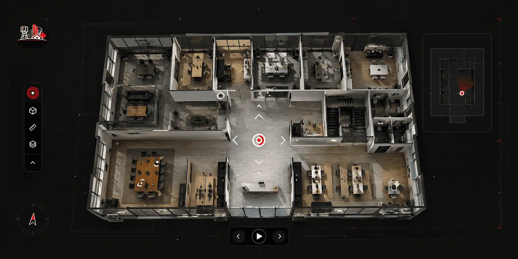Overhead view inside a virtual tour showing floor plan layout of a captured facility